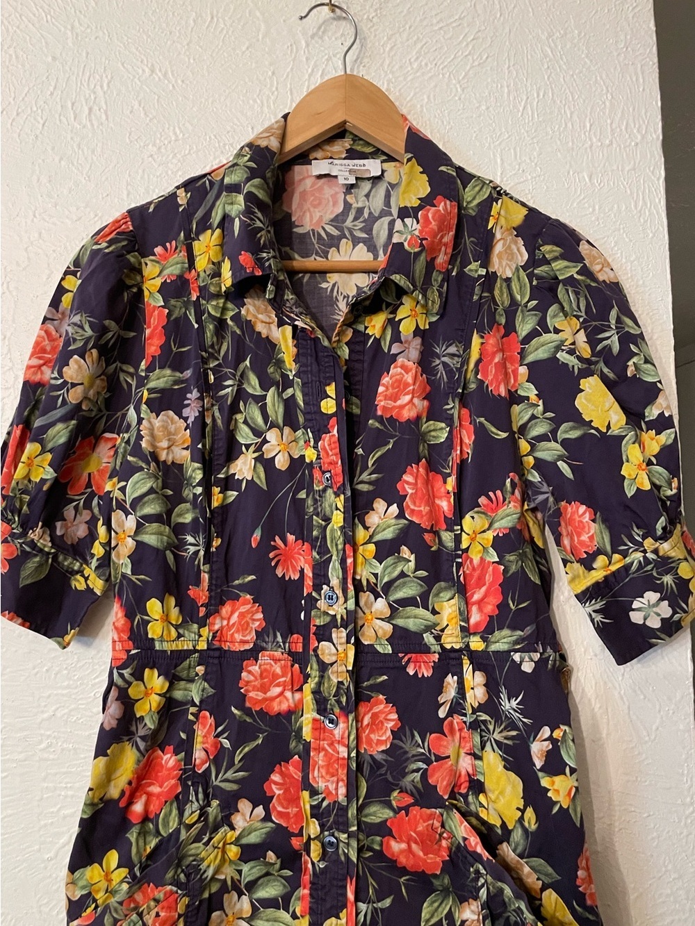 Marissa Webb Navy Tie-Waist Mini Multi Floral Printed Puff Sleeve Dress Size 10 - Picture 7 of 10